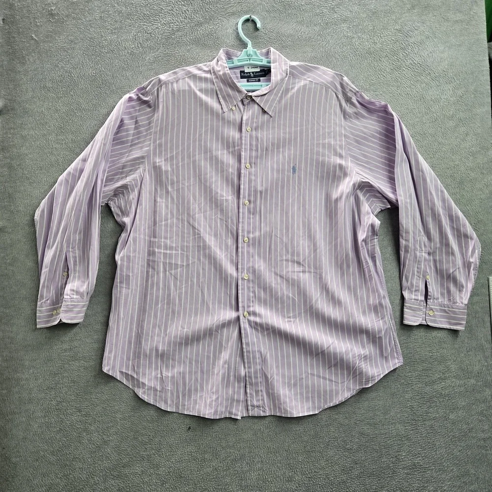 VINTAGE Ralph Lauren Men Button Up Shirt 18 Purple Pony Embroidery Striped